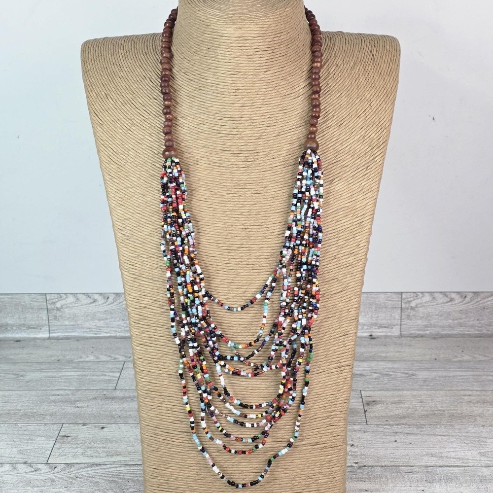 Handmade Multi-Strand Beads Wood Necklace Boho Colorful Artisan Statement 15"